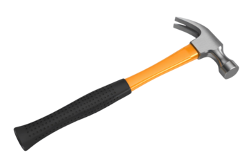 A modern claw hammer featuring a metallic head, bright orange shaft, and black textured grip, isolated for construction and DIY projects. background removed