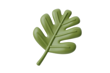 A single, vibrantly green, stylized 3D rendered oak leaf with prominent veins and smooth edges, isolated on a solid background. background removed