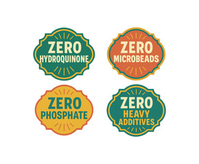 Obraz premium colorful vintage badge label set with bold retro typography and starburst rays flat vector illustration style isolated on white background effects containing phrases like Zero Hydroquinone