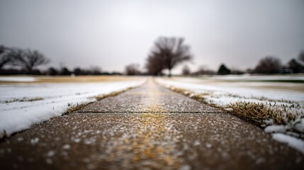 On the winter fairway, a narrow strip of melting snow presents the typical meticulous and vivid style of National Geographic, highlighting the subtle outdoor scenes of winter.