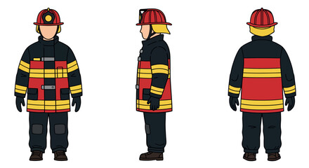 Detailed Illustration of a Firefighter's Uniform Front, Side, and Back Views Showcasing Safety Apparel and Protective Gear for Emergency Response and Rescue Operations
