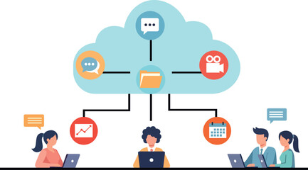 Vector illustration of office employees working together through cloud computing technology. The image shows people using laptops connected to a large cloud with icons representing communication, data
