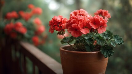 A vibrant cluster of red geranium flowers blooms in a terracotta pot on a wooden balcony railing with a blurred green garden background