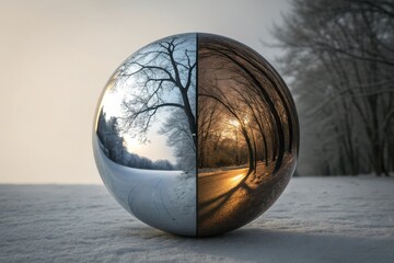 Metallic sphere reflecting winter landscape with split halves