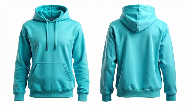 Una sudadera con capucha azul turquesa sencilla que se muestra desde las vistas frontal y posterior, aislada sobre un fondo blanco, ideal para exhibir el dise&ntilde;o de prendas y la maqueta de la marca. 