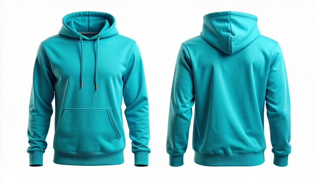 Una sudadera con capucha azul turquesa sencilla que se muestra desde las vistas frontal y posterior, aislada sobre un fondo blanco, ideal para exhibir el dise&ntilde;o de prendas y la maqueta de la marca. 