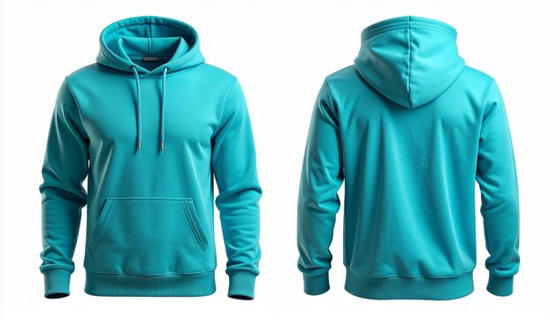 Una sudadera con capucha azul turquesa sencilla que se muestra desde las vistas frontal y posterior, aislada sobre un fondo blanco, ideal para exhibir el dise&ntilde;o de prendas y la maqueta de la marca. 