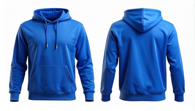Una sudadera con capucha azul sencilla que se muestra desde las vistas frontal y posterior, aislada sobre un fondo blanco, ideal para exhibir el dise&ntilde;o de prendas y la maqueta de la marca. 