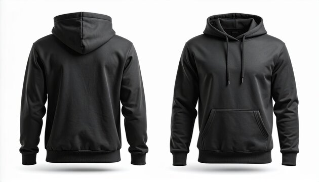 Una sudadera con capucha negra sencilla que se muestra desde las vistas frontal y posterior, aislada sobre un fondo blanco, ideal para exhibir el dise&ntilde;o de prendas y la maqueta de la marca. 