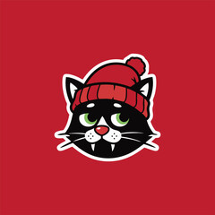 Cute Black Cat with Red Winter Hat Cartoon Mascot