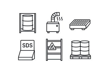 simple outline stroke icon isolated on white background chemical drum rack fume extraction unit spill containment pallet SDS document station corrosion resistant shelving palletized