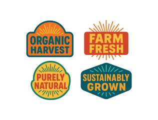 Fototapeta premium colorful vintage badge label set with bold retro typography and starburst rays flat vector illustration style isolated on white background effects containing phrases like Organic Harvest