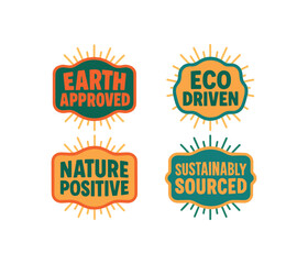 colorful vintage badge label set with bold retro typography and starburst rays flat vector illustration style isolated on white background effects containing phrases like Earth Approved Eco