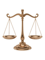 A beautifully rendered 3D golden bronze balance scale, symbolizing justice, fairness, and legal equity. Perfect for law-related designs. background removed