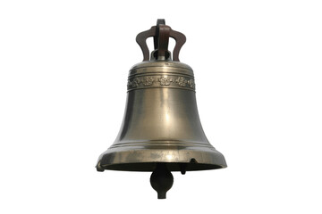 A beautifully detailed antique bronze bell, featuring intricate floral band engravings and a visible clapper, isolated on a clean background. background removed