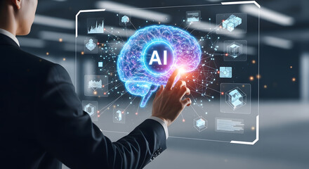 Businessman touching digital brain hologram with ai text and icons around