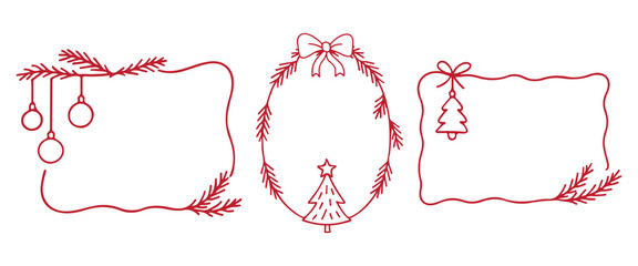 Christmas frames with pine branches, ornaments and bows in elegant hand drawn style. Simple red vector illustration in doodle style.