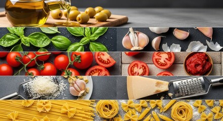 A vibrant collage showcasing the essential ingredients for italian cuisine