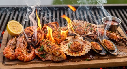 Grilled seafood platter with flames, lemon, and sauce on a wooden board