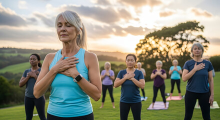 Group of women practicing yoga and meditation in nature at sunset