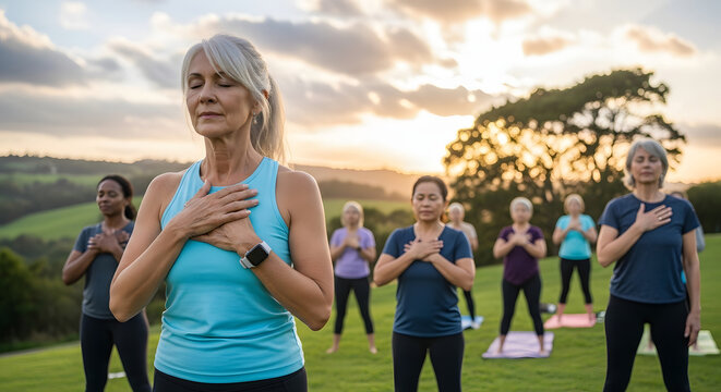 Group of women practicing yoga and meditation in nature at sunset - Powered by Adobe
