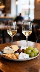 Cheese platter featuring assorted cheeses, grapes, and crackers, accompanied by white wine glasses in a warm restaurant atmosphere. Stories template phone background