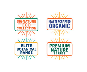 Obraz premium colorful label set with bold modern typography and starburst rays flat vector illustration style isolated on white background effects containing phrases like Signature Eco Collection