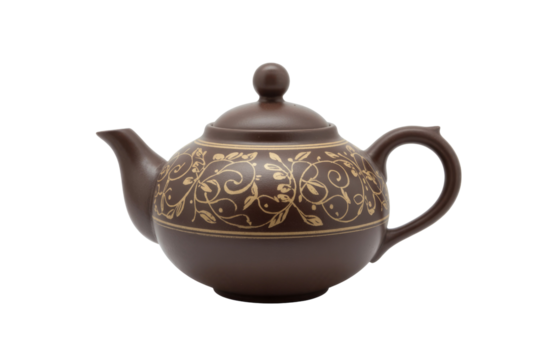 A beautifully crafted dark brown ceramic teapot featuring an intricate golden floral and vine pattern, showcasing elegant artistry for tea. background removed