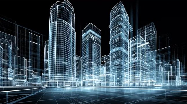 Stunning architectural city blueprint animation showcasing modern buildings and construction innovation with futuristic design and sleek lines against black backdrop