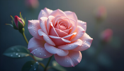 Stunning pink rose with delicate dew drops, illuminated by soft morning light, surrounded by lush green leaves and buds, representing natural beauty