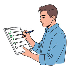 Man holding clipboard with checklist completing tasks with a pen vector illustration isolated on white background