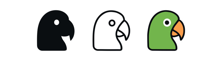 parrot tropical beak icon on white background Black silhouette flat icon outline icon and colored icon style. three minimal vector icon style
