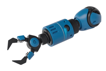 Sleek blue and black robotic arm with a claw gripper, ideal for illustrating industrial automation and advanced technology. background removed