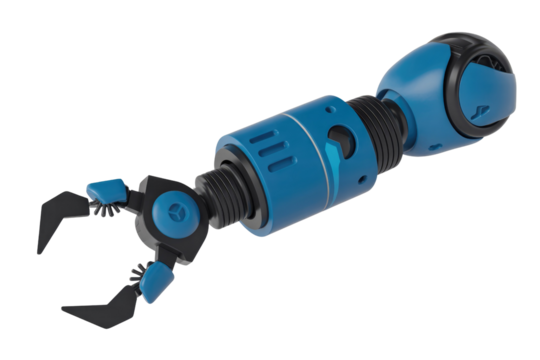 Sleek blue and black robotic arm with a claw gripper, ideal for illustrating industrial automation and advanced technology. background removed