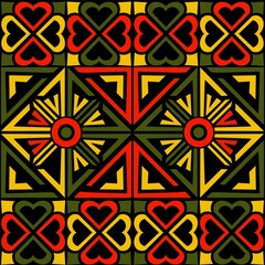 American ethnic tribal geometric pattern in vibrant green, red, and yellow tones. Set against a black background, the bright colors create a striking contrast that adds energy and visual ethnic. The 