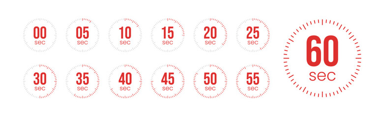 Second Timer, clock, stopwatch, Countdown timer, cooking time icon set. 0, 5, 10, 15, 20, 25, 30, 35, 40, 45, 50, 55, 60 second dial. Red color isolated set, symbol. Vector illustration