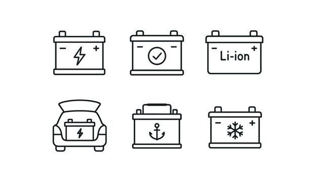 Car battery types icon set. Li-ion, anchor, snowflake, standard battery symbols. Outline vector illustration.