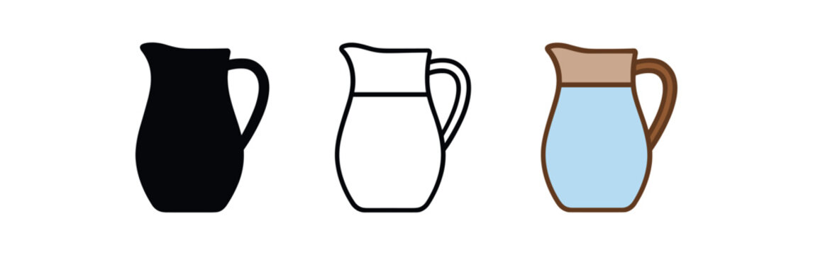 jug water pitcher icon on white background Black silhouette flat icon outline icon and colored icon style. three minimal vector icon style