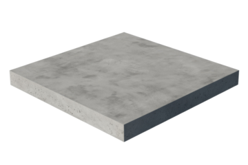 A flat, square concrete slab with a textured gray surface, viewed from an angle, showcasing its rough edges and industrial appeal. background removed