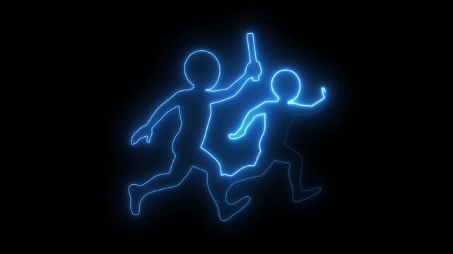 Neon illustration of two figures running a relay race against a black background symbolizing teamwork and competition in sports
