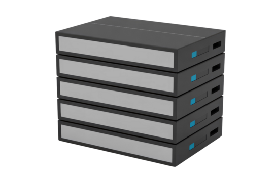 A stack of five dark gray rectangular data storage enclosures, each with a light gray label area and a small blue indicator. background removed
