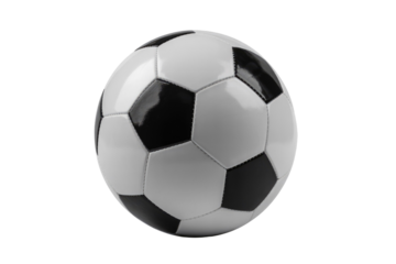 A classic black and white soccer ball, perfectly round and ready for play, stands out against a solid transparent background. background removed