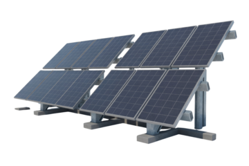 Two rows of dark blue solar panels on a structured mount, ready for renewable energy generation. Isolated on a transparent background. background removed