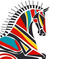 African ethnic tribal-inspired pattern featuring safari animals, with a special focus on elegant horse motifs. The design uses bright, vivid colors that make the artwork ethnic while still retaining 