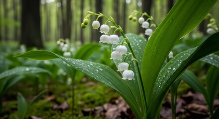 Fototapeta premium Lily of the Valley Flowers with Dew in Forest