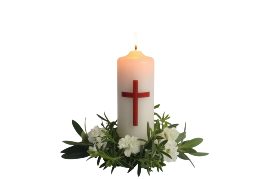 A lit white candle featuring a red cross, adorned with a wreath of white flowers and green foliage, against a vibrant transparent background. background removed