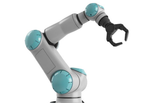 A modern, articulated industrial robotic arm with a gripper, featuring a sleek gray and teal design, ready for automation and manufacturing tasks. background removed