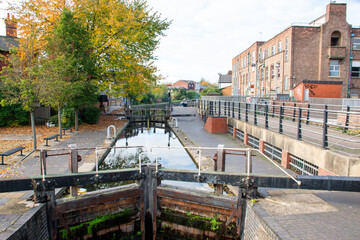 A view of the Meadow Lane canal Lock on the river Trent in Nottingham, UK.