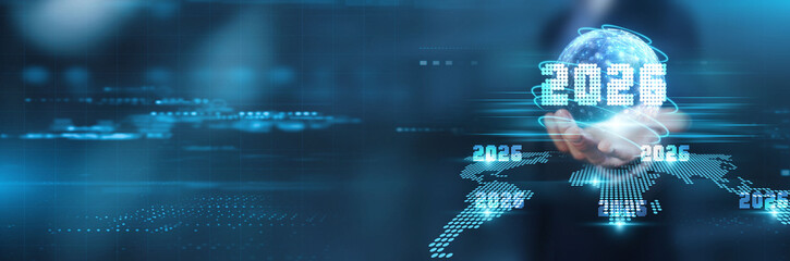 A businessman holds a glowing digital globe with the year '2026' floating above a futuristic world map, representing global business strategy, technology networking, and future corporate growth.