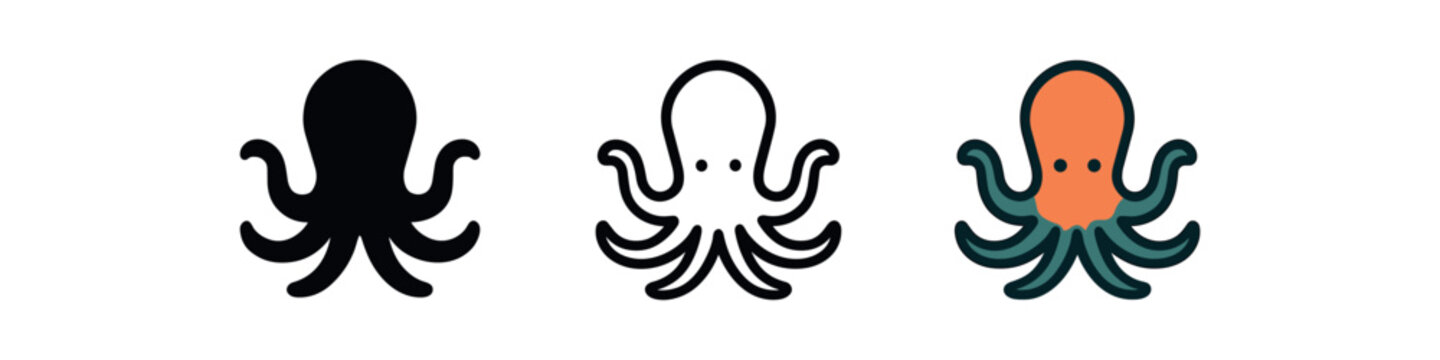 octopus sea arms icon on white background Black silhouette flat icon outline icon and colored icon style. three minimal vector icon style